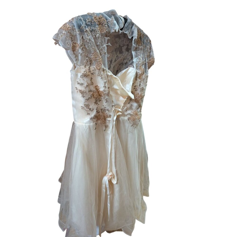 Embroidered Ivory High-Low Dress Floral  Sheer Overlay Formal Prom sz 16 (slim) - Picture 3 of 6